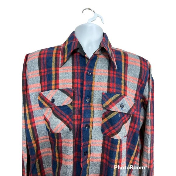 Vintage Flannel Plaid Shacket Jacket Wool Blend Shirt Men Sz L Pockets Grandpa - Picture 2 of 9